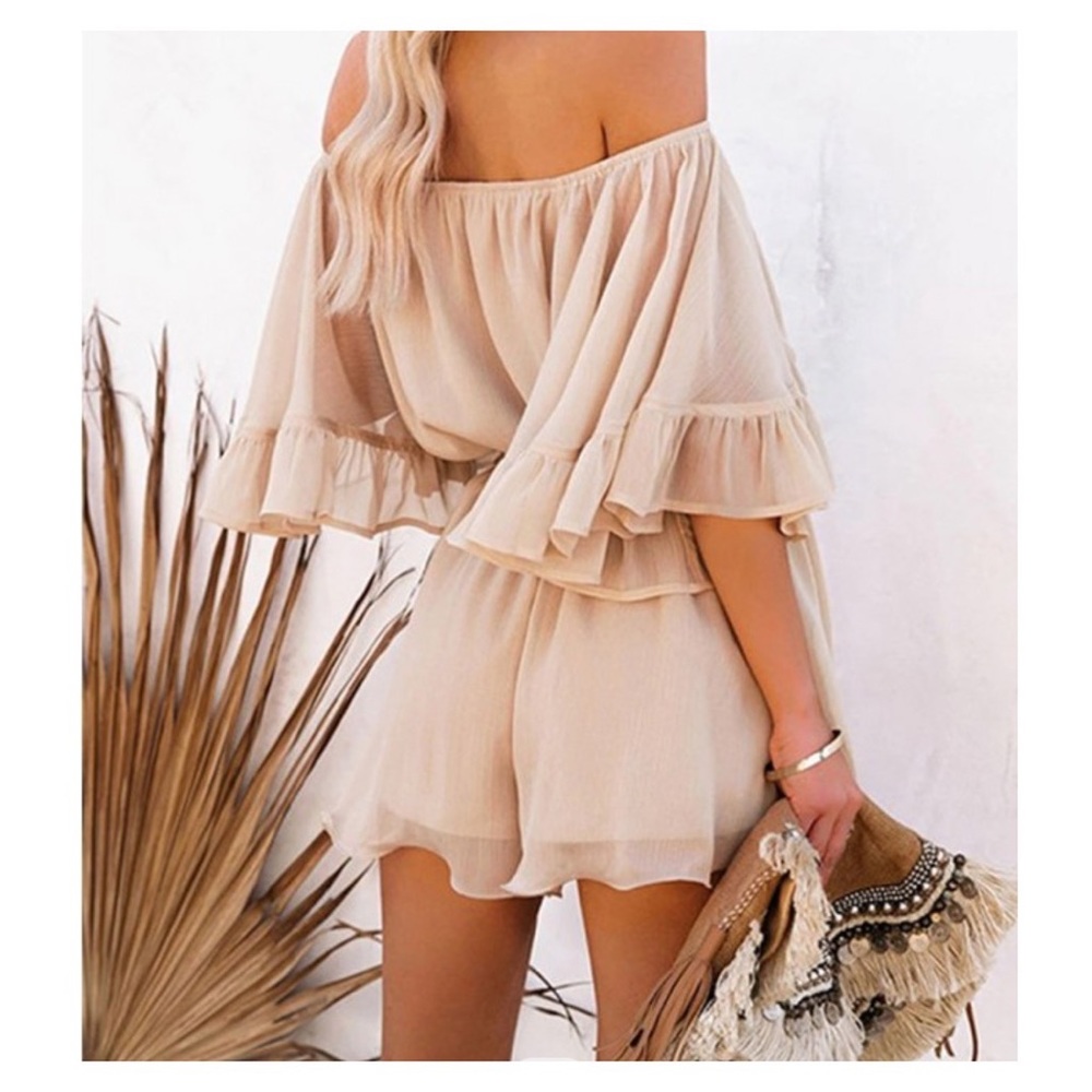 Creamy Off the Shoulder Ruffled Romper - Picture 3 of 3